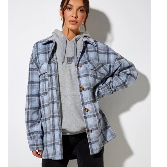 Motel Marcella Oversized Shirt Jacket Blazer Check Plaid Blue Black Size XS - Picture 1 of 7
